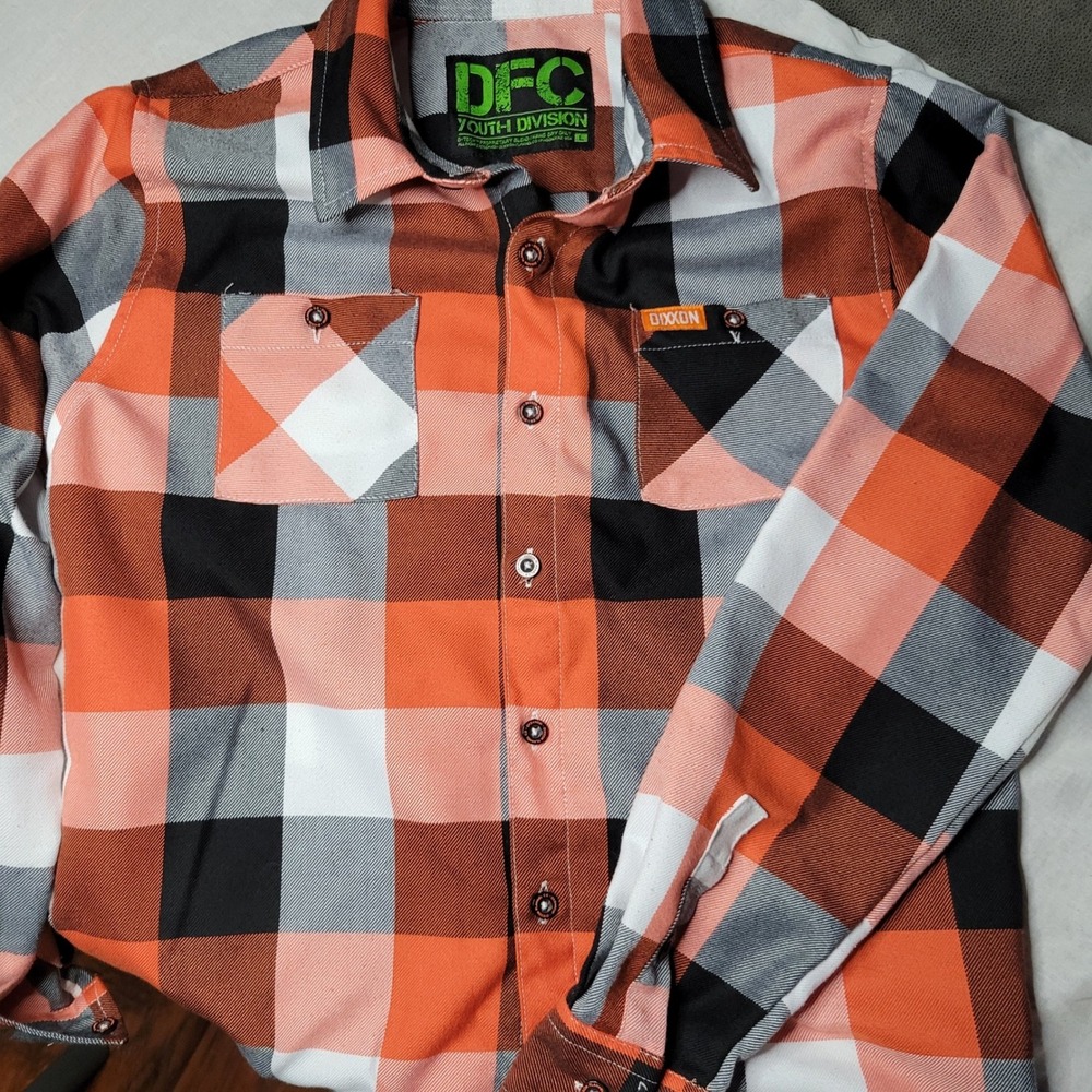 Dixxon Flannel Co Youth DFC Division Orange Black Plaid D-Tech Shirt Size Large